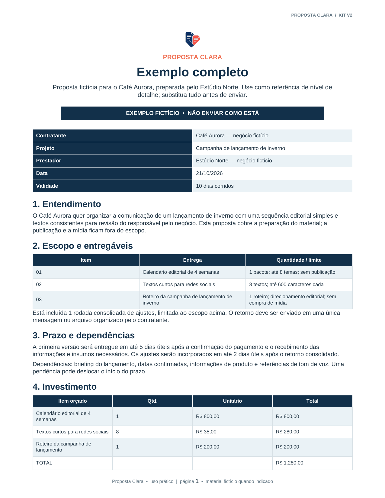 Primeira página de uma proposta comercial fictícia, usada para mostrar a estrutura do kit Proposta Clara.